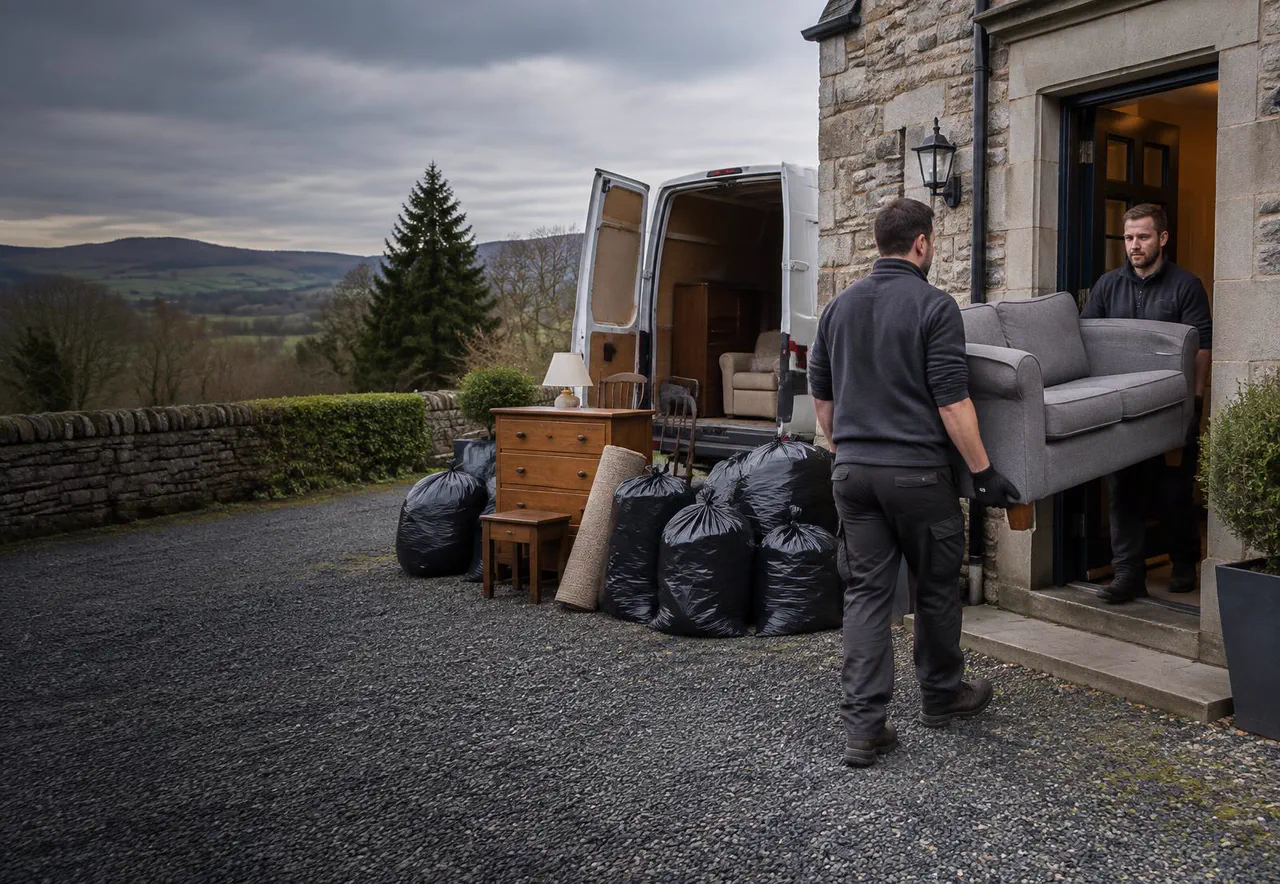 Illustrative scene of a sofa and household items being removed from a Scottish home